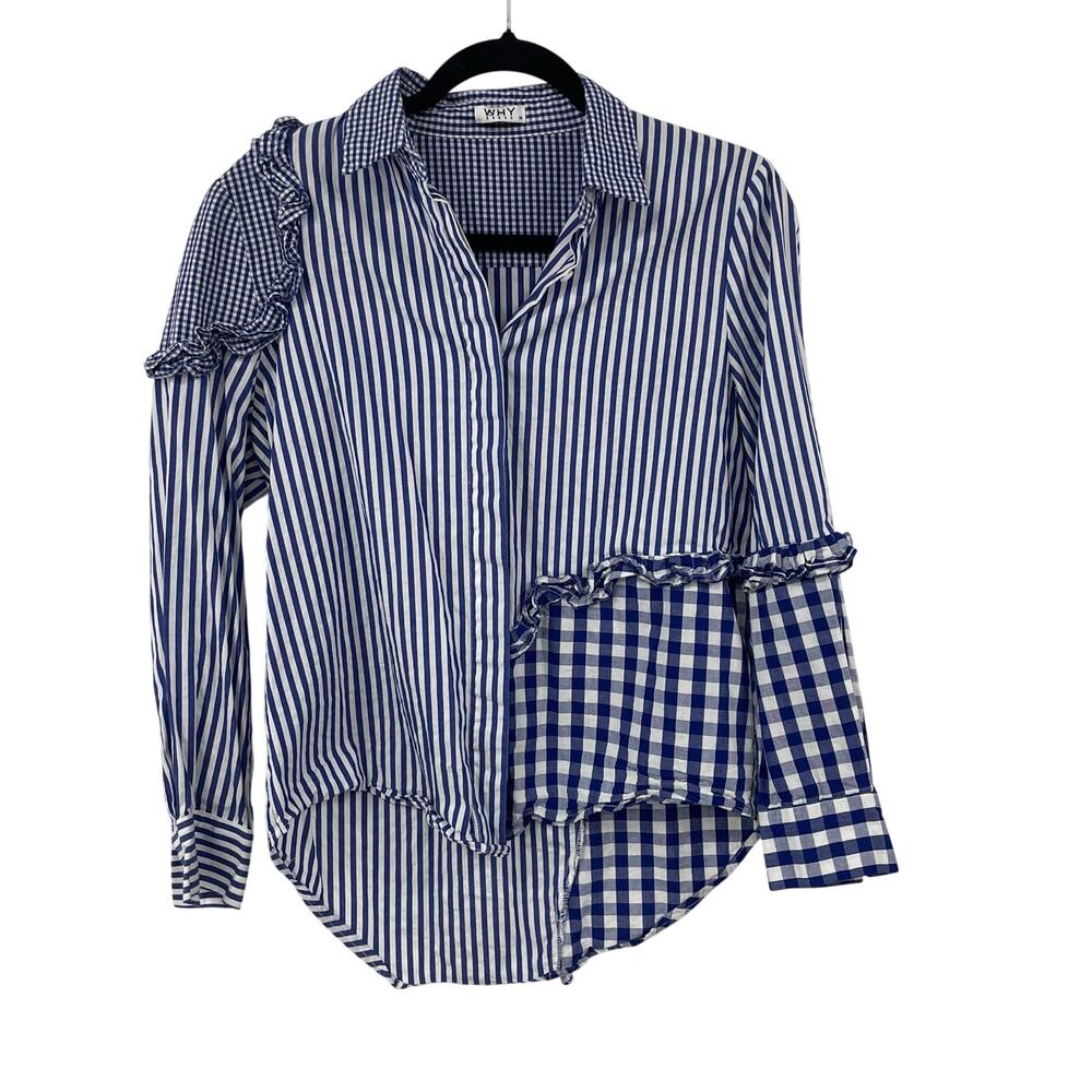WHY Dress Ruffle Trim Contrast Panelled Button Up Shirt Blue White Womens Medium
